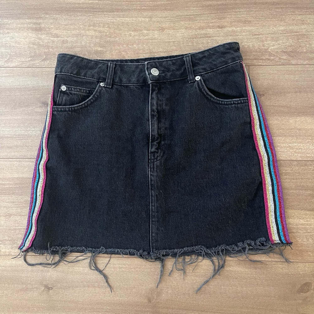 Black Denim Mini Skirt with Rainbow Stripes on the Sides Womens Size 6